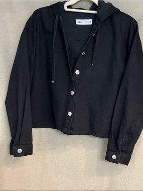 Zara Black Cropped Button Hoodie Jacket